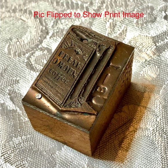Antique Wooden Print Block Copper Coffee Break O’Morn Ad - Picture 1 of 5